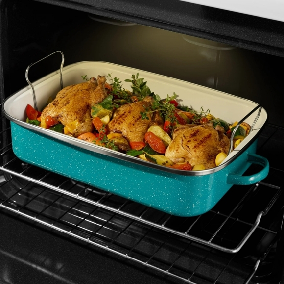 ❤️ New Pioneer Woman Teal Speckle Enamel on Steel Roaster with Rack - Picture 10 of 10